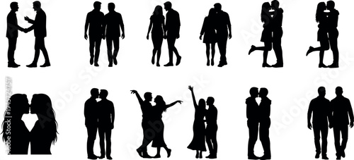 Collection of romantic couple silhouettes in different poses including walking, hugging, kissing and dancing, love relationship illustration set isolated on background for lifestyle design.