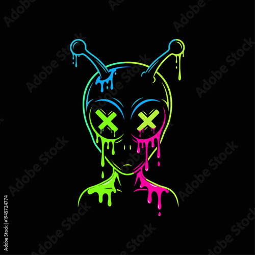 Neon Alien Face with Dripping Colors.