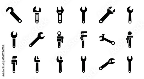 Versatile collection of black silhouette wrench and spanner icons, illustrating essential hand tools for mechanical work, repair, construction, and utility projects