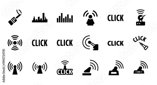 Collection of radio wave and signal icons representing broadcasting, communication, and technology concepts