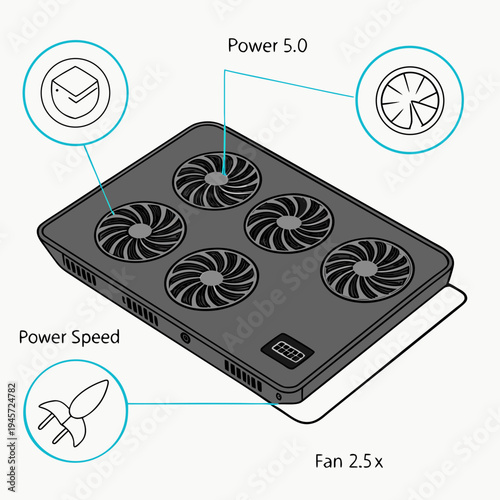 A black laptop cooling pad with six fans