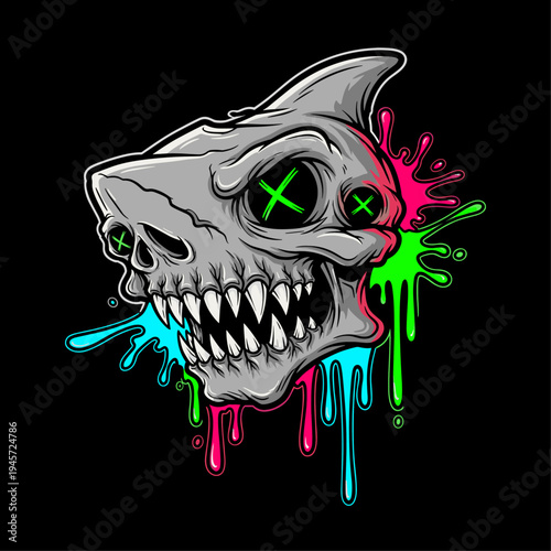 Grey Shark Skull with Colorful Splash.