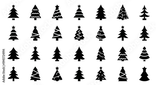Collection of diverse and stylized Christmas tree icons, ideal for festive designs and holiday themes