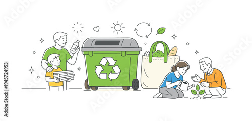 Family recycling and planting a tree together, promoting environmental awareness. A father and son sort recyclables while a mother and son plant a seedling, symbolizing