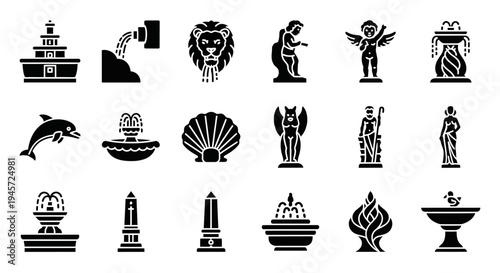 Collection of Fountain Icons and Statues Featuring Dolphins, Lions, Angels, and Classical Sculptures