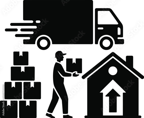 A delivery man transporting boxes to a house with a truck