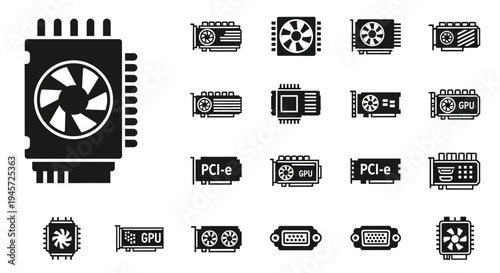 Collection of computer graphics processing unit icons and vector graphics for technology and gaming