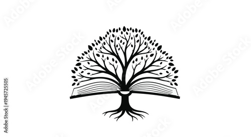 Conceptual logo shows a detailed tree rooted in the open pages of a book, symbolizing growth, knowledge, and education as a central theme.