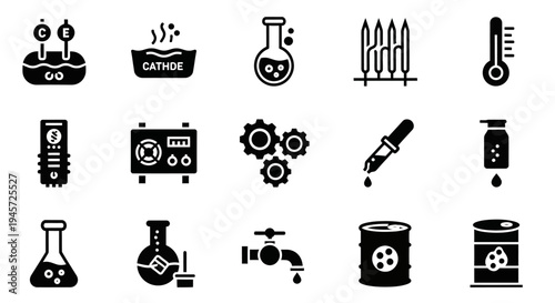 Scientific Laboratory Equipment Icons Beakers, Thermometers, Pipettes, and Gears for Research and Industry
