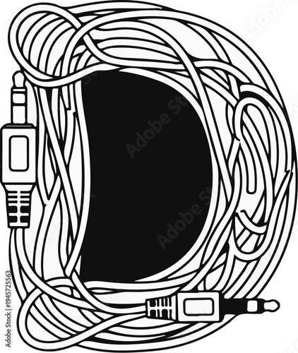 Tangled audio cables form a decorative letter D shape with plugs