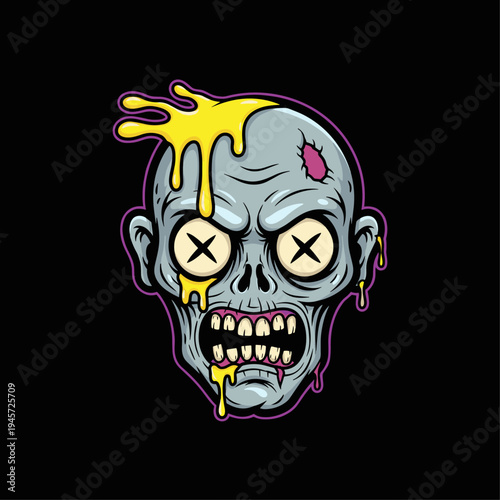 Cartoon zombie head with yellow goo.