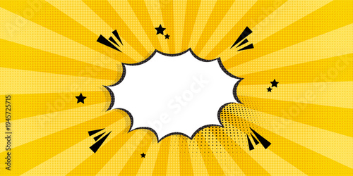 Pop art pattern. Comic background with speech bubble and halftone. Yellow cartoon retro starburst texture with dots. Duotone effect. Vintage gradient banner. Funny superhero print. Vector illustration