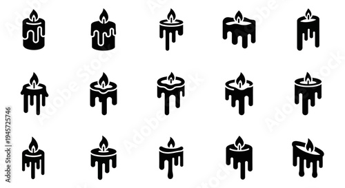 Set of various candle icons, each featuring a flame and dripping wax, representing illumination and ambiance in a clean, graphic style