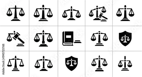 A collection of diverse legal and justice-related icons, featuring scales of justice, gavels, and shields representing law and order