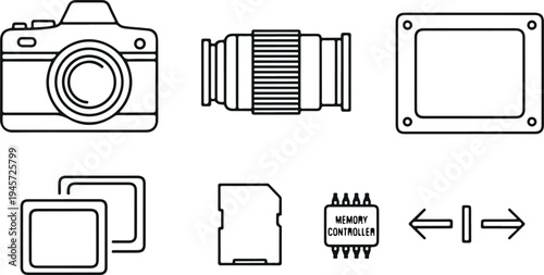 Camera and photography technology line icons including DSLR camera lens image sensor memory card microcontroller and digital hardware vector set