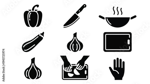 Black and white cooking icons including vegetables, a knife, and kitchen tools on a cutting board