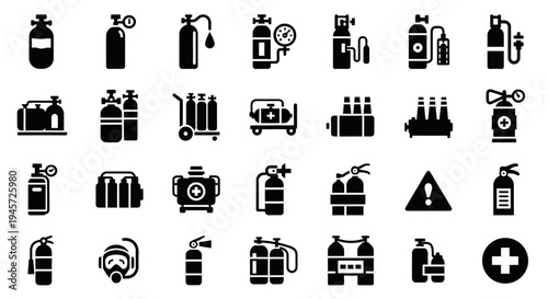Collection of various oxygen tanks and medical equipment icons including respirators, cylinders, and safety symbols for healthcare and industrial applications
