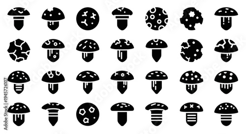 A Collection of Various Black and White Mushroom Icons on a White Background