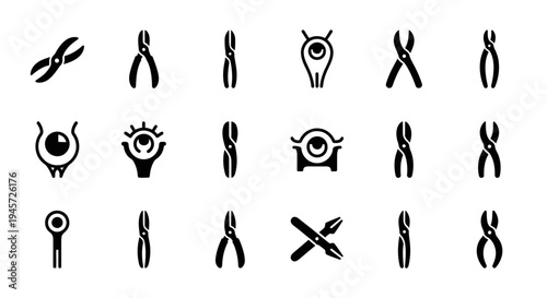 A collection of black and white vector icons representing various types of pliers and related tools, suitable for technical or DIY related designs