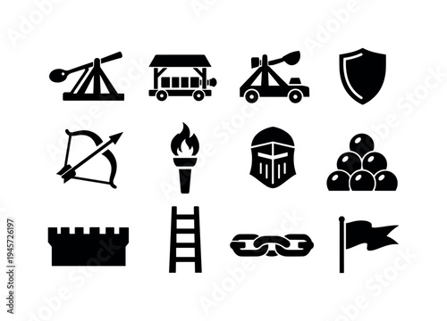 Medieval warfare icons: catapult, siege tower, bow, shield, helmet, cannonballs, castle. A collection of black icons representing medieval warfare elements, including siege weapons