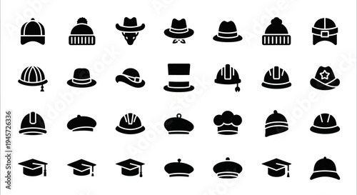 Stylish silhouette icons showcasing an extensive array of headwear designs, encompassing protective gear, ceremonial crowns, academic achievements, and fashionable hats for diverse roles and occasions
