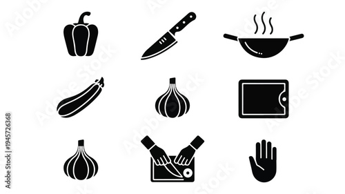 A collection of professional kitchen and cooking silhouette icons