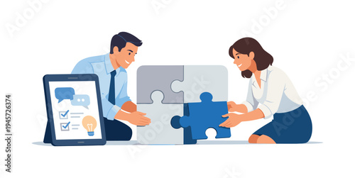 Business people assembling a puzzle together with a tablet showing a checklist and lightbulb. A man and woman collaborate to complete a jigsaw puzzle, symbolizing teamwork and