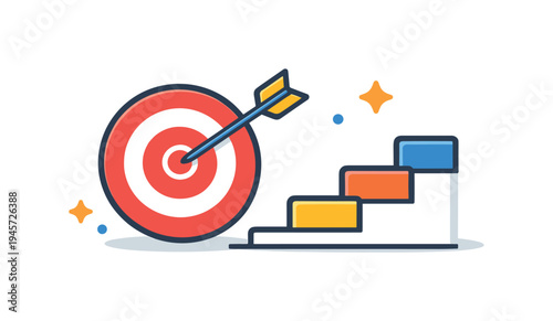 Target with arrow and colorful stairs symbolizing success and achievement. A bullseye target with an arrow hitting the center, next to ascending colorful steps representing