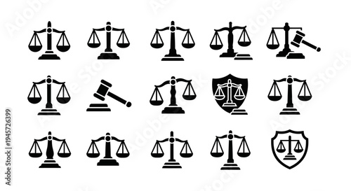 A comprehensive concept collection of balanced justice scales and gavels, symbolizing legal systems, fairness, and dispute resolution for various professional and educational applications