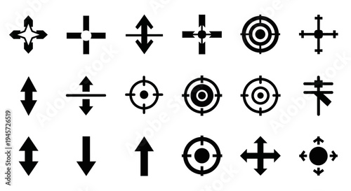 Collection of assorted crosshair and cursor icons representing targeting, direction, and precise movement for digital interfaces