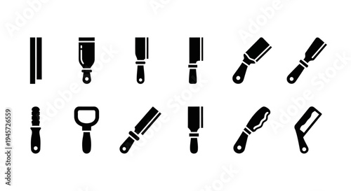 Collection of Kitchen Utensils and Tools Icons, Including Peelers, Graters, and Knives