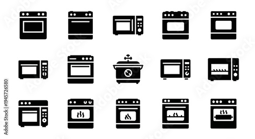Modern kitchen appliance icons collection. Diverse ovens, stoves, and microwaves in minimalist black silhouette style, suitable for UI/UX design