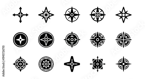 Collection of Compass Rose Icons in Black and White, Symbolizing Direction and Navigation