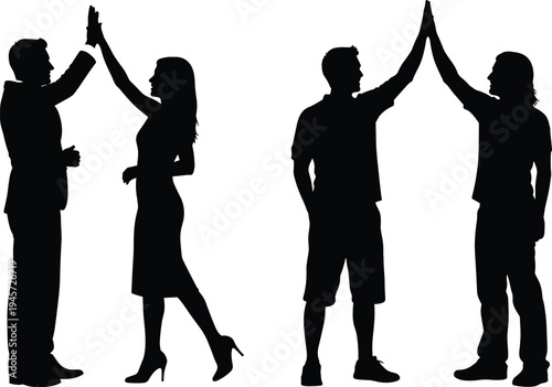 People giving high five silhouettes, business partners and friends celebrating success teamwork gesture vector illustration isolated on white background