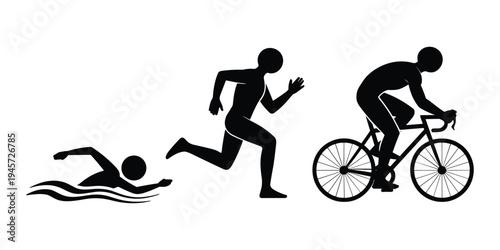 Black silhouettes of triathlete swimming running cycling triathlon vector illustration isolated on white background