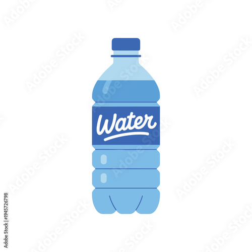 Blue plastic water bottle with blue cap and label blue bottle beverage container drink vector illustration isolated on white background.