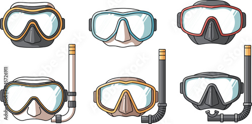 Snorkeling and scuba diving masks with snorkel tubes set underwater swimming goggles equipment for ocean exploration vector illustration