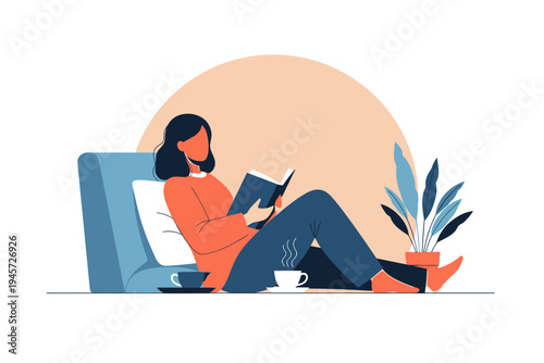 Woman Relaxing At Home Reading Book While Drinking Hot Coffee