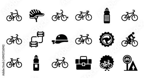 A comprehensive set of cycling vector icons, featuring bicycles, helmets, water bottles, and essential gear, ideal for sports and active lifestyle designs