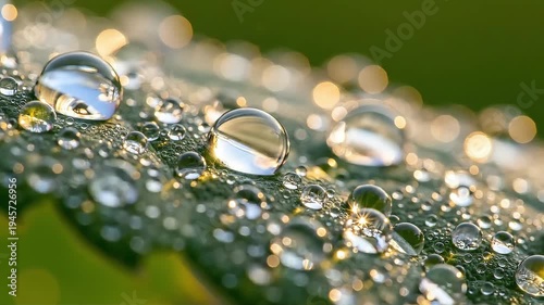 a captivating close up shot reveals glistening water droplets clinging to a vibrant green leaf illuminated by soft diffused light creating a serene atmosphere high quality professional