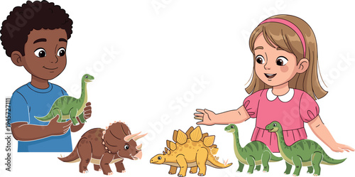 Cute children playing with dinosaur toys illustration, happy boy and girl enjoying prehistoric animal figures, colorful educational playtime concept isolated on background for kids design.