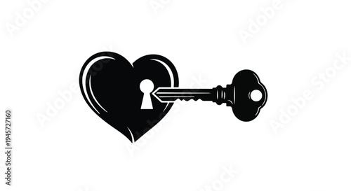 A glossy black heart shape with a keyhole receives a vintage key, suggesting themes of romance, secrets, and emotional access.