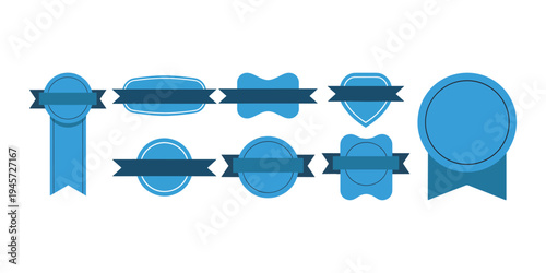 Blue ribbon banners and labels with dark blue text placeholders badge vector illustration isolated on white background