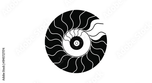 A stark black and white graphic displays the logarithmic spiral structure of an ancient nautilus shell, perfectly rendered against a clean white backdrop.