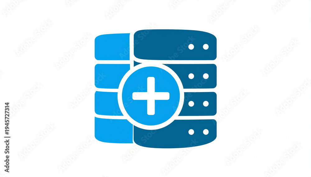 Obraz premium Blue database server stack with a bright blue plus symbol for adding data