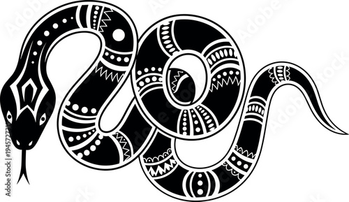 Decorative snake illustration in tribal ornamental style, monochrome coiled serpent design with ethnic patterns, symbolic wildlife tattoo concept isolated on background for graphic art.