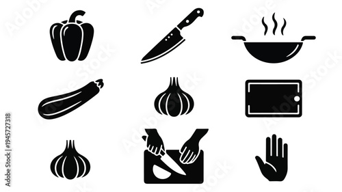 A collection of professional kitchen and cooking silhouette icons