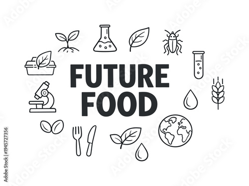 Future food concepts with science and nature icons surrounding the text. A collection of icons representing innovation in food production, including plants, science equipment, and