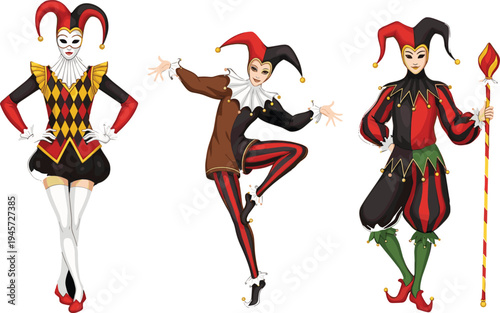 Elegant Harlequin Jester Characters Collection in Colorful Carnival Costumes for Theater, Circus, Medieval Festival, and Entertainment Illustration