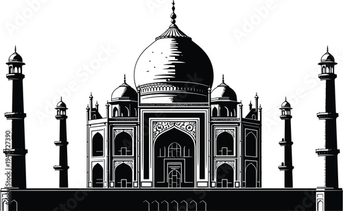Taj Mahal detailed silhouette monument with domes and minarets, iconic Mughal architecture landmark of India vector illustration isolated on white background